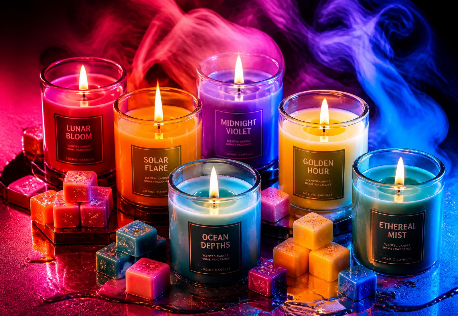 Colourful glowing scented candles and bright wax melt cubes by SETRUM LIMITED